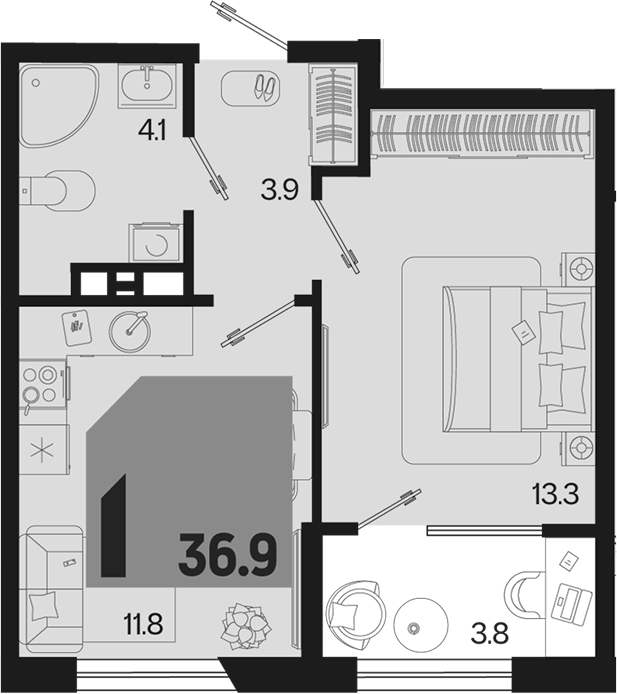 1-комн. квартира, 33.1 м² в ЖК Первое место — фото 2
