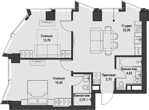 3-комн., 66 м², 20/58 этаж, ЖК «Феймос»