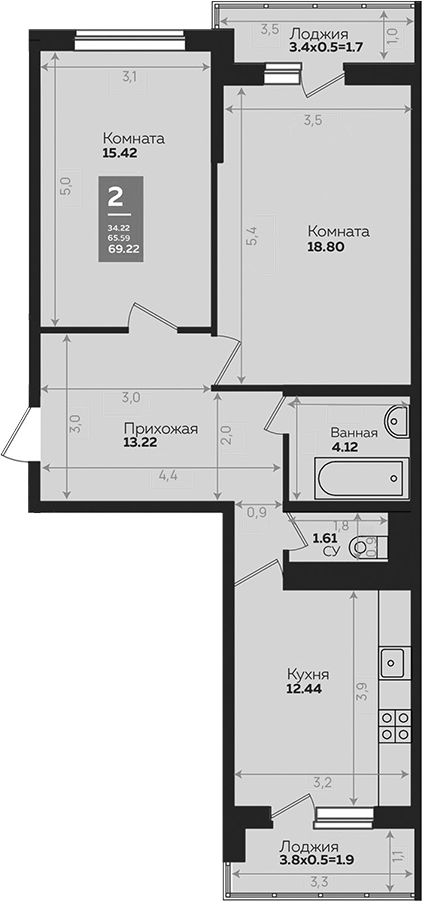 2-комн. квартира, 65.64 м² в ЖК Левада — фото 2