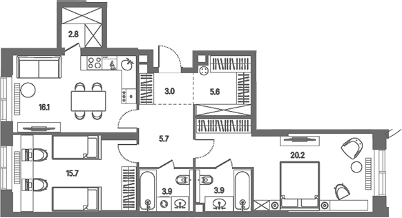 3-комн., 76.9 м², 16/39 этаж, ЖК «КОД Сокольники»