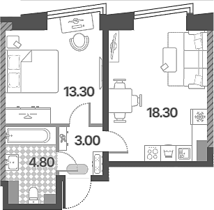 2-комн., 39.4 м², 45/58 этаж, ЖК «Обручева 30»