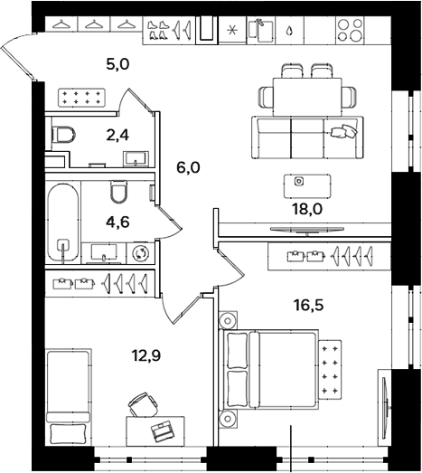2-комн., 66 м², 3/24 этаж, ЖК «Мангазея на Речном»