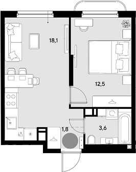 1-комн., 36 м², 5/9 этаж, ЖК «Грейд»