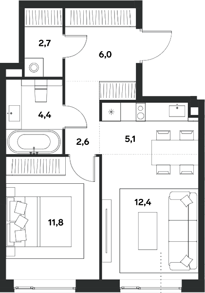 2-комн., 45 м², 5/30 этаж, ЖК «АЛИА»