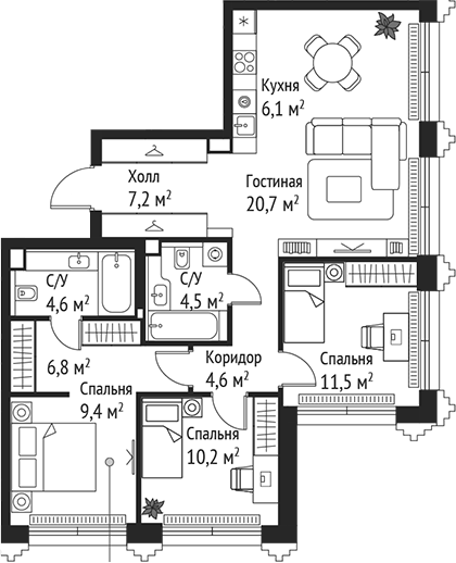 4+ комнаты, 85.6 м², 46/59 этаж, ЖК «СЕТ»