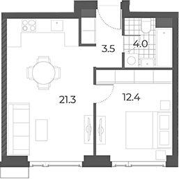 2-комн., 41.2 м², 42/42 этаж, ЖК «Вейв»