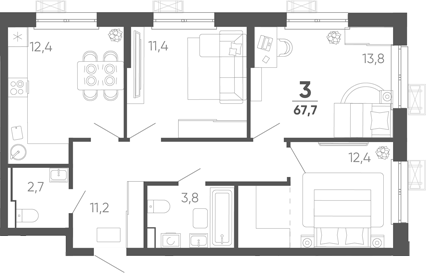 3-комн. квартира, 67.7 м² в ЖК Барса — фото 2