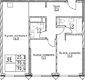3-комн., 70.6 м², 23/29 этаж, ЖК «Наметкин Тауэр»