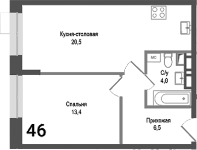 2-комн., 44.4 м², 1/8 этаж, ЖК «Киноквартал»