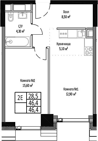 2-комн., 46.4 м², 15/35 этаж, ЖК «Мираполис»