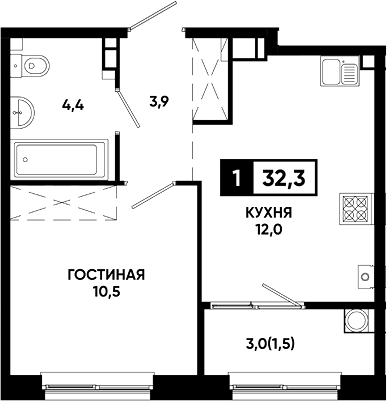 1-комн., 30.8 м², 7/13 этаж, ЖК «Резиденция Софи»