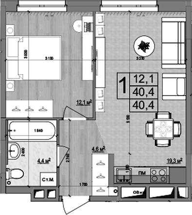 2-комн., 40.4 м², 4/18 этаж, ЖК «Гранд Комфорт»