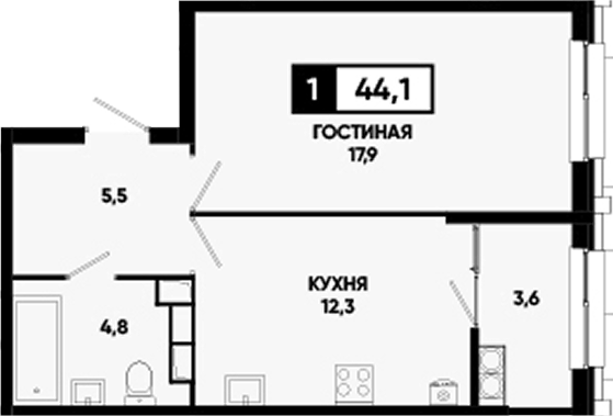 1-комн., 40.5 м², 22/24 этаж, ЖК «Основа. ГК ЮгСтройИнвест. Ставропольский край»