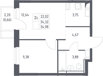 2-комн., 34.32 м², 12/12 этаж, ЖК «Пятницкие Луга»