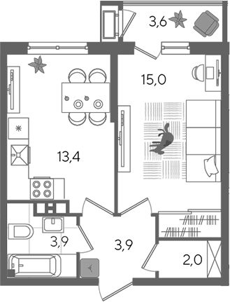 1-комн. квартира, 38.2 м² в ЖК Рекорд — фото 2