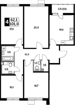 4+ комнаты, 100.7 м², 11/23 этаж, ЖК «Южная Битца»