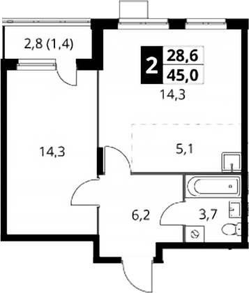 2-комн., 43.6 м², 20/24 этаж, ЖК «1-й Донской»