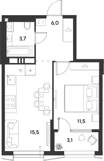1-комн., 36.7 м², 10/18 этаж, ЖК «Ридз»