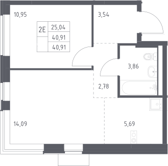 2-комн., 40.91 м², 12/13 этаж, ЖК «Новое Видное»