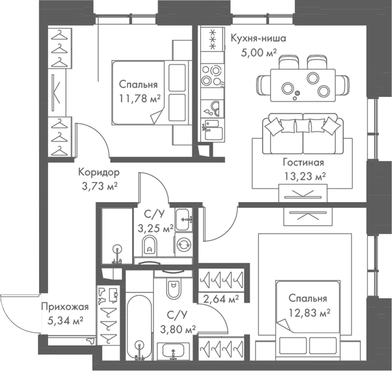 3-комн., 61.6 м², 18/23 этаж, ЖК «МИРА»