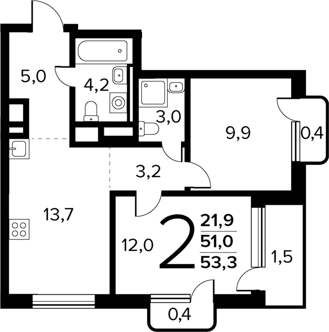 2-комн., 51 м², 13/14 этаж, ЖК «Новые Ватутинки Квартал у реки»