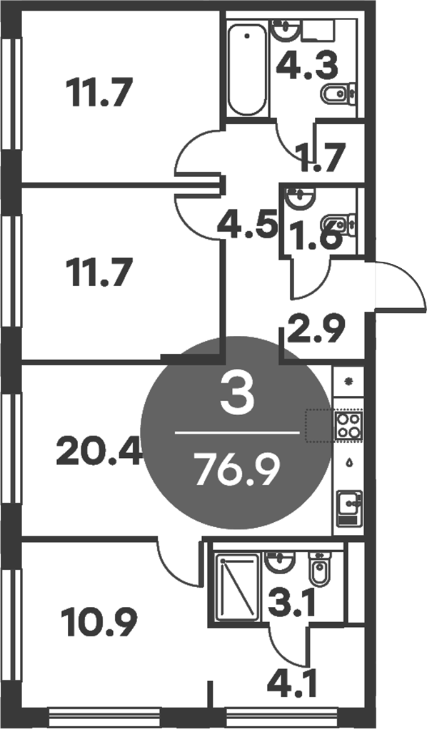 3-комн., 76.9 м², 5/6 этаж, ЖК «Равновесие»