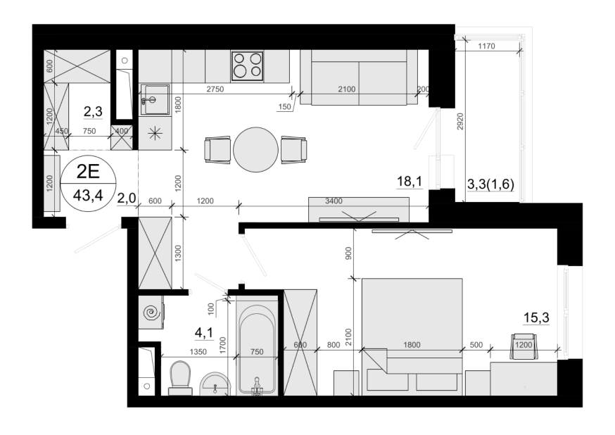 2-комн., 41.8 м², 8/10 этаж, ЖК «Одинцовские Кварталы Эволюция»