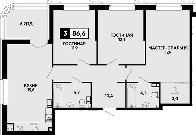 3-комн., 84.7 м², 11/14 этаж, ЖК «Квартал на курорте Моя Легенда»