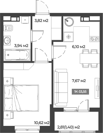 1-комн., 32.15 м², 2/5 этаж, ЖК «Соловей»