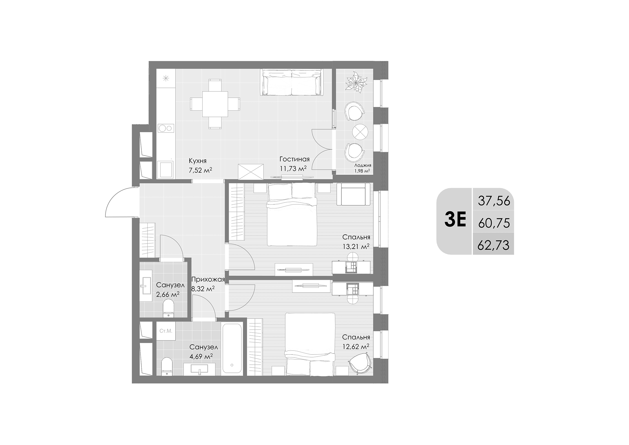3-комн., 60.75 м², 28/30 этаж, ЖК «Дюна»
