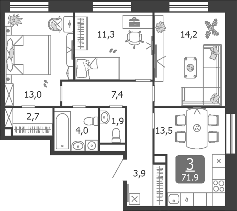 3-комн., 71.9 м², 13/19 этаж, ЖК «Шагал»