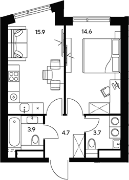 1-комн., 42.8 м², 26/46 этаж, ЖК «НЕКСУС от Аквилон»