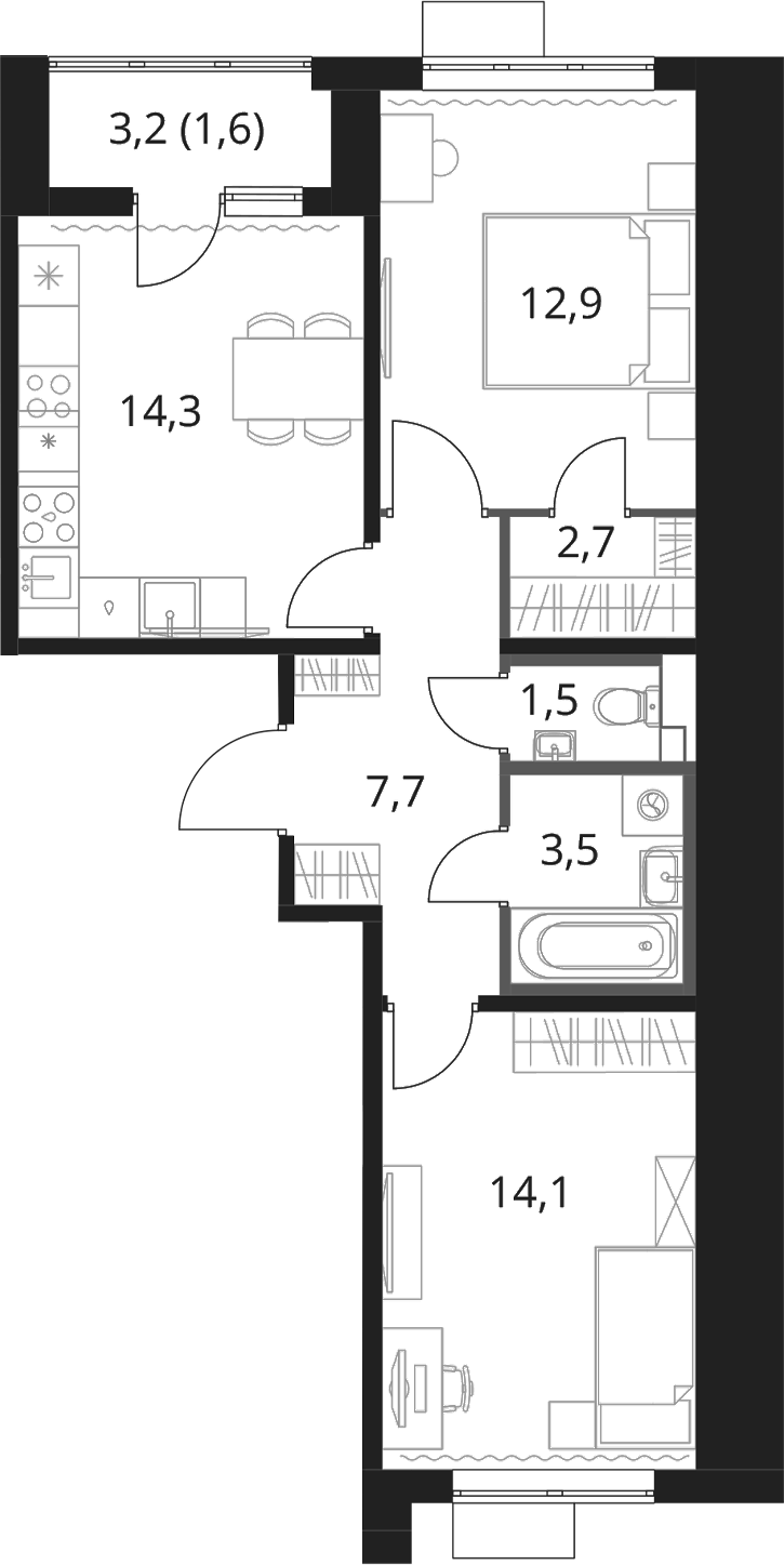 2-комн., 56.7 м², 7/16 этаж, ЖК «1-й Шереметьевский»