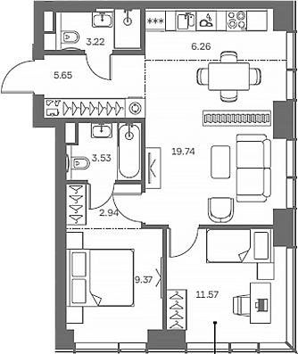 3-комн., 62.28 м², 3/41 этаж, ЖК «TATE»