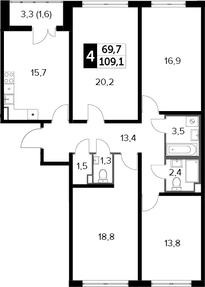 4+ комнаты, 108.6 м², 11/24 этаж, ЖК «Южная Битца»