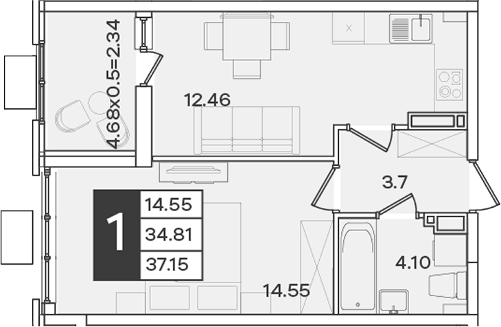 1-комн., 34.81 м², 16/18 этаж, ЖК «Сюжеты»