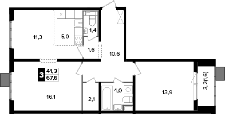 3-комн., 66 м², 9/23 этаж, ЖК «Южная Битца»