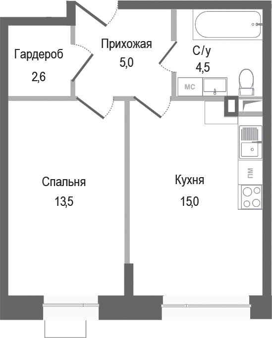 1-комн., 40.6 м², 1/8 этаж, ЖК «Киноквартал»