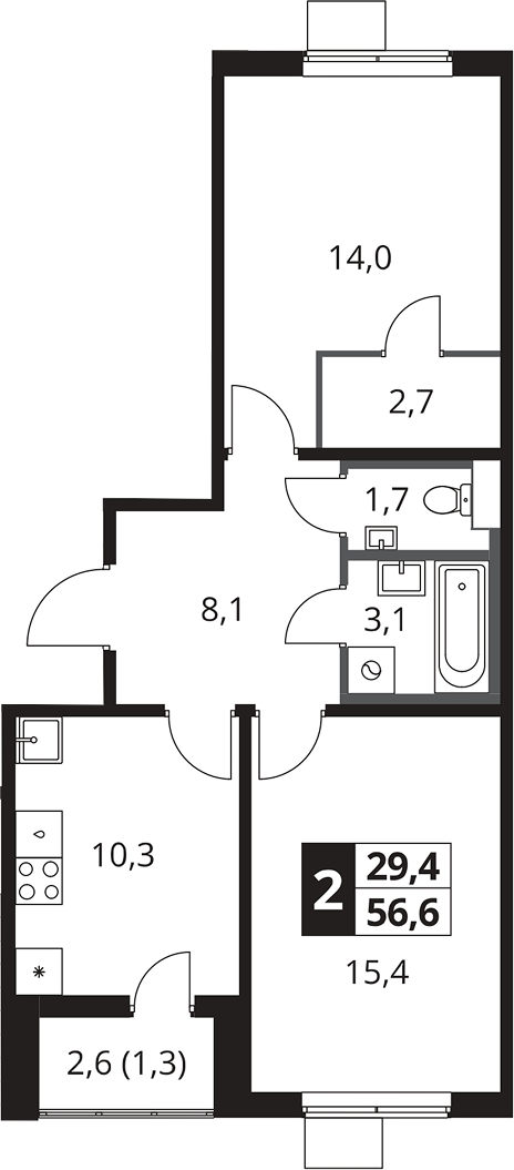 2-комн., 55.3 м², 18/25 этаж, ЖК «1-й Южный»