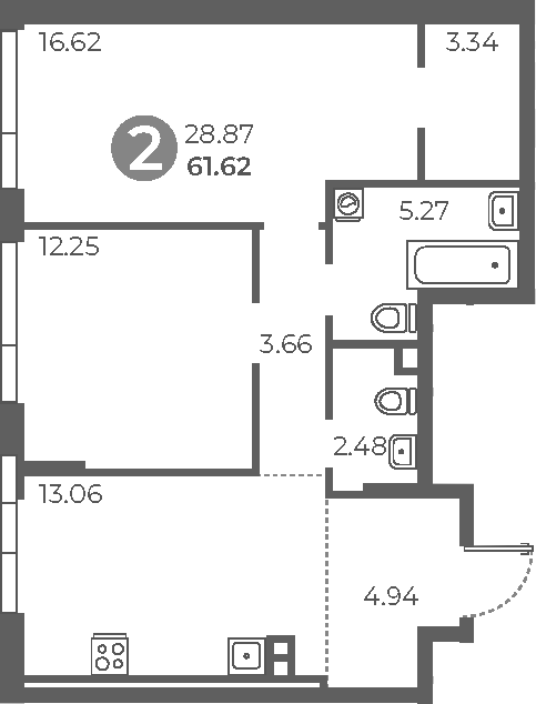 2-комн., 61.24 м², 2/28 этаж, ЖК «Нижегородская от Гранель»
