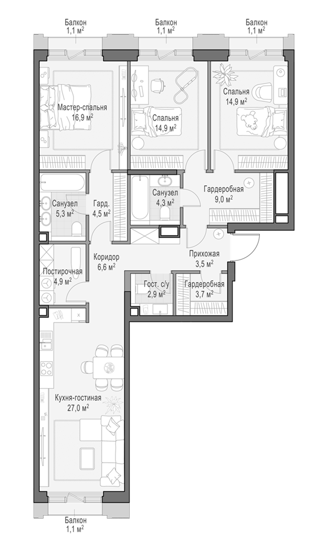 4+ комнаты, 118.68 м², 6/9 этаж, ЖК «Квартал Тишинский бульвар»