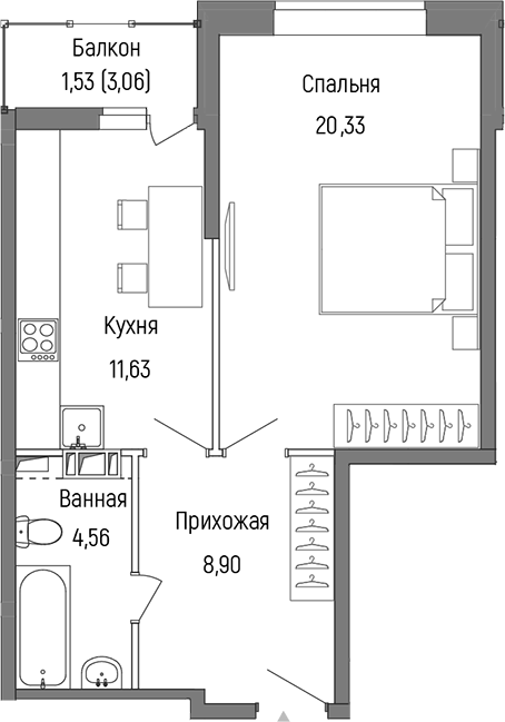 1-комн., 42.67 м², 8/9 этаж, ЖК «Рига Хиллс»