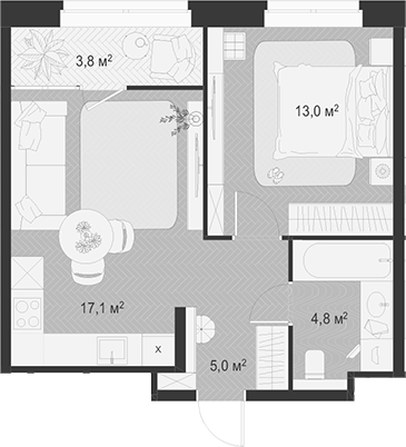 2-комн., 39.9 м², 8/18 этаж, ЖК «Гранд Комфорт»