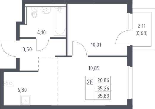 2-комн., 35.26 м², 12/17 этаж, ЖК «Пригород Лесное»