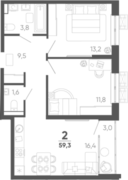 2-комн. квартира, 56.3 м² в ЖК Барса — фото 2