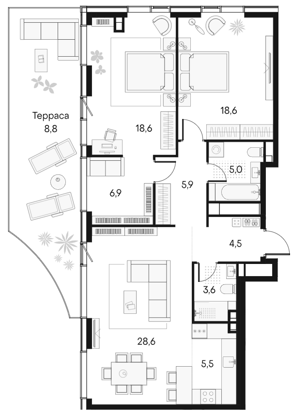 3-комн., 97.2 м², 22/22 этаж, ЖК «Клубный город на реке Примавера»