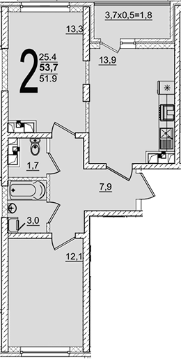 2-комн. квартира, 51.9 м² в ЖК Грани — фото 2