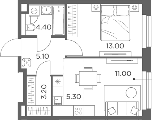 2-комн., 42 м², 22/23 этаж, ЖК «Белый Град»