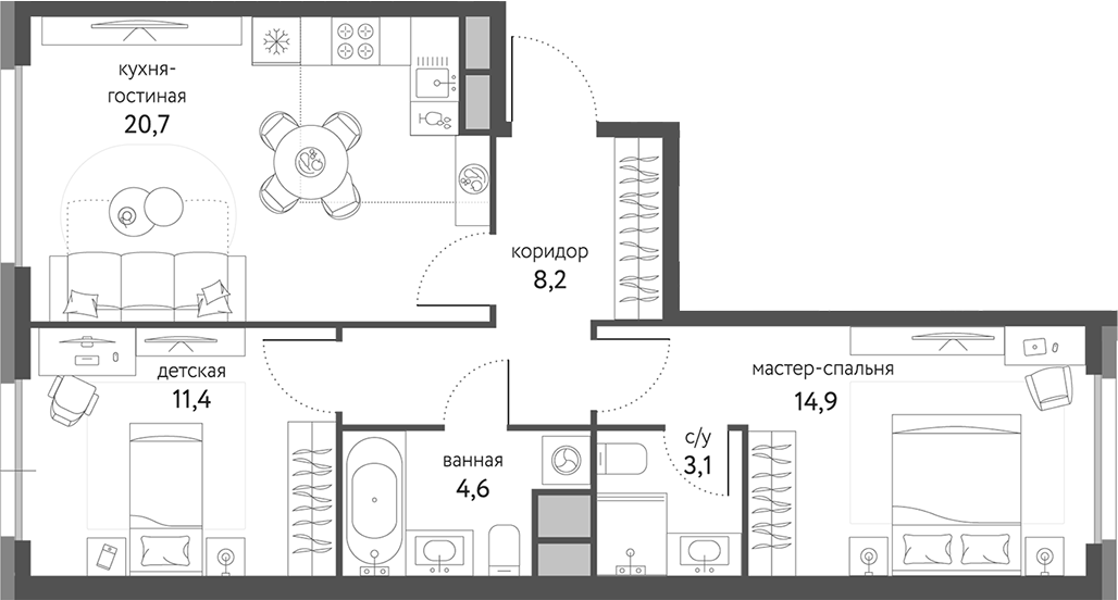2-комн., 64 м², 9/9 этаж, ЖК «Сиреневый парк»