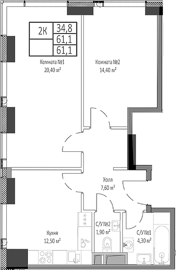 2-комн., 61.1 м², 12/35 этаж, ЖК «Мираполис»